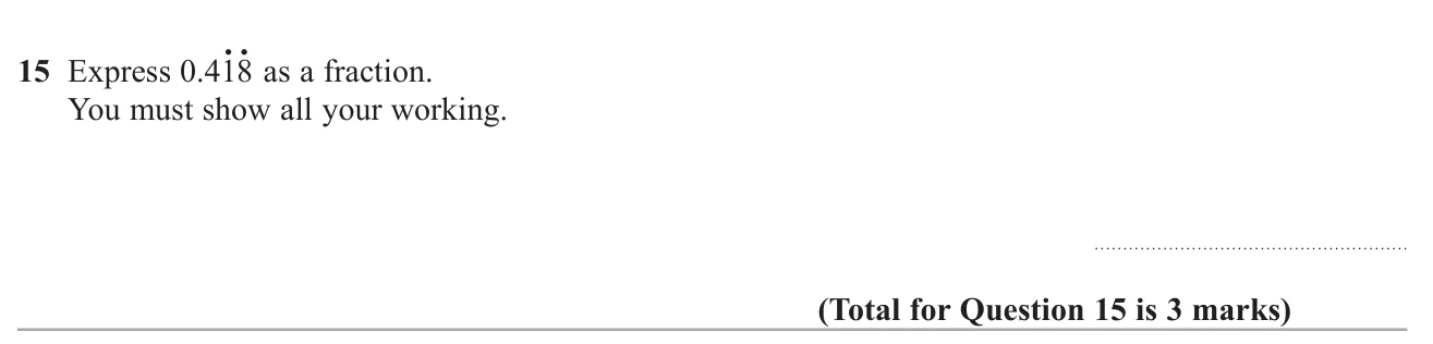 Convert a recurring decimal with a two-digit repeating block to a fraction, showing the algebra.