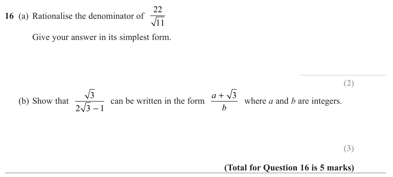 Rationalise a simple surd denominator, then show a fraction with a two-term surd denominator can be written in a given form.