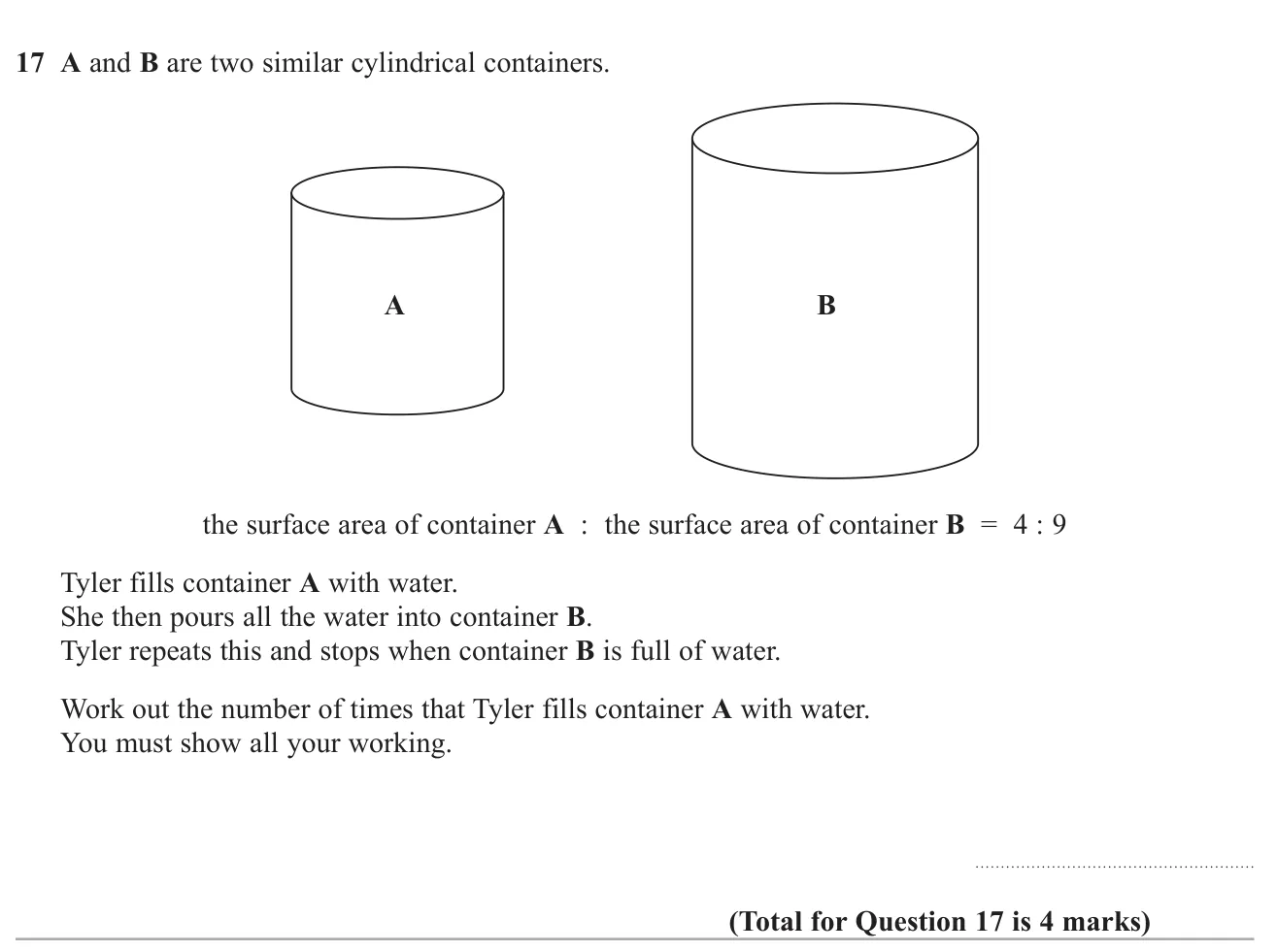 Use the surface-area ratio of two similar containers to find how many fills of the smaller one fill the larger.
