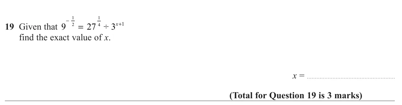 Solve an equation with fractional and negative indices by writing everything as a power of 3.