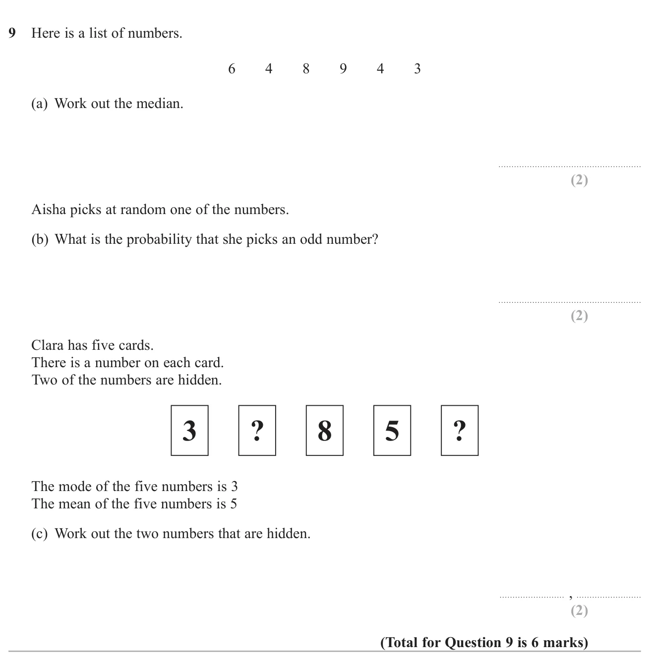 Find the median and a probability from a list, then find two hidden card values from the mode and mean.