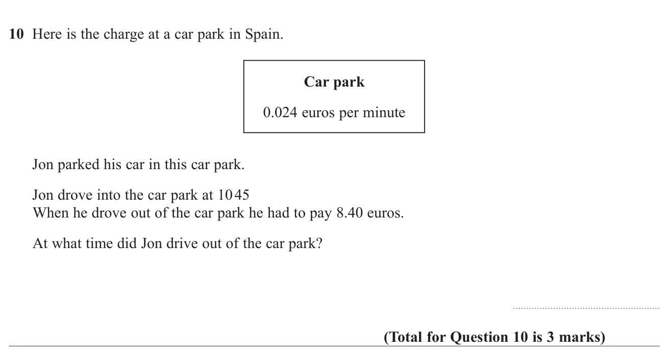 Use a per-minute parking charge to find how long a car was parked and the time it left.