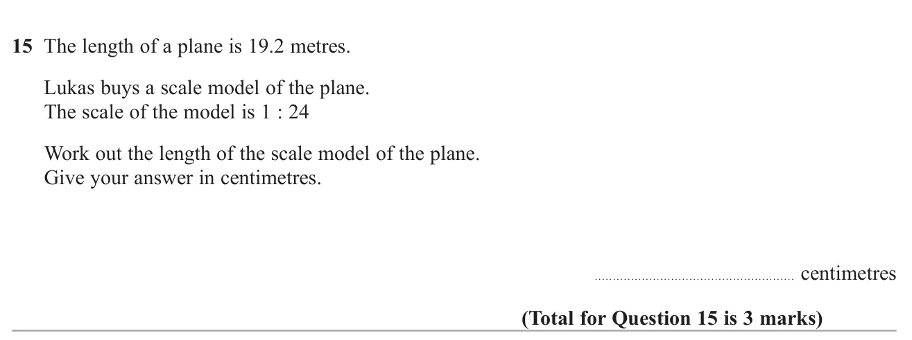 Use a scale ratio to find a model length and give it in centimetres.