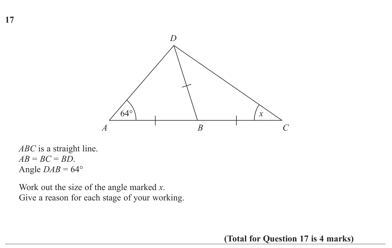 Use isosceles triangles on a straight line to find an angle, giving reasons.