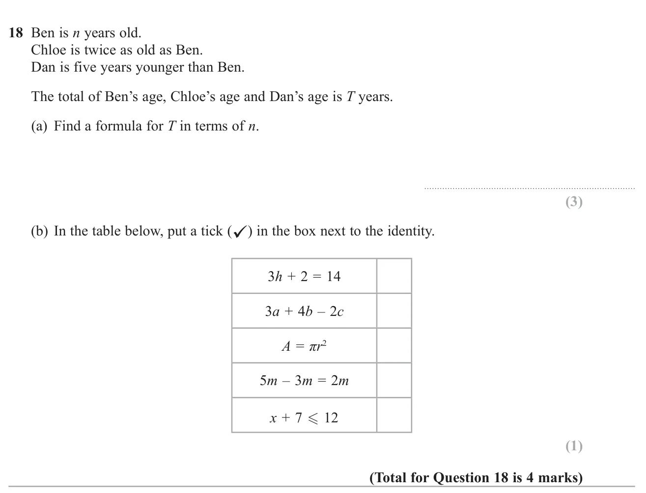 Write a formula for the total of three ages in terms of n and pick out the identity from a list.