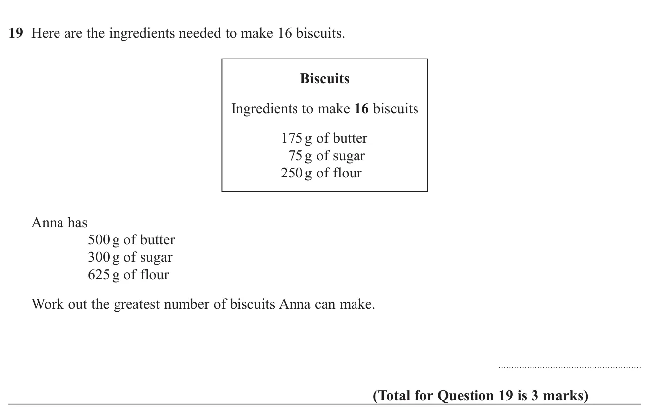 Use recipe amounts and the ingredients available to find the most biscuits that can be made.