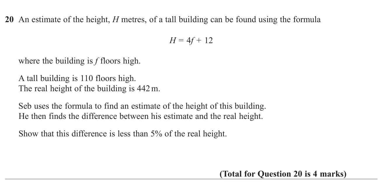 Substitute into a formula for a building's height and show the error is under 5% of the real height.