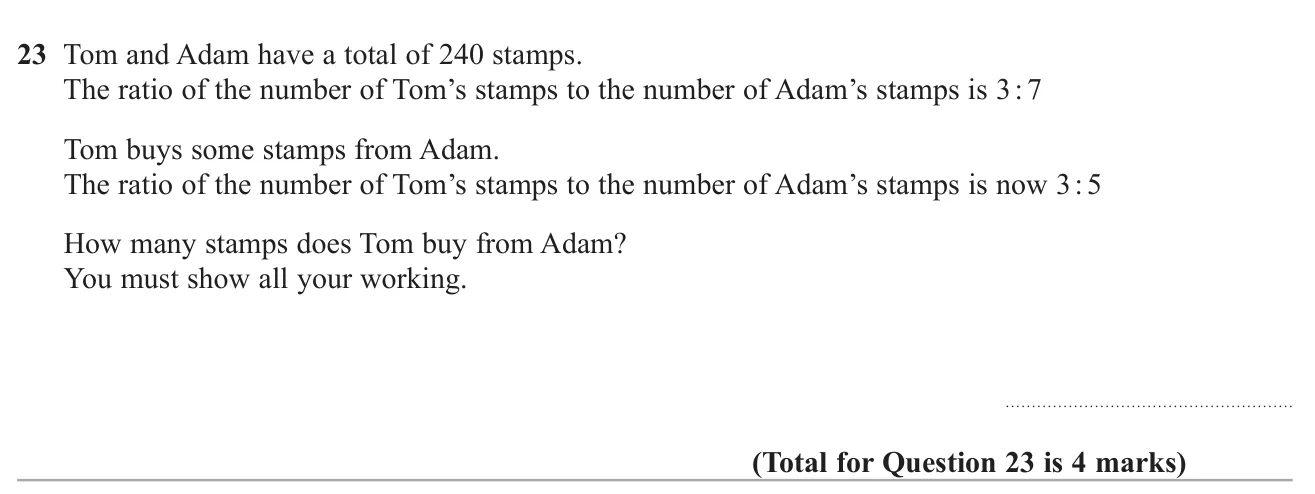 Use two ratios with the same total to find how many items changed hands.