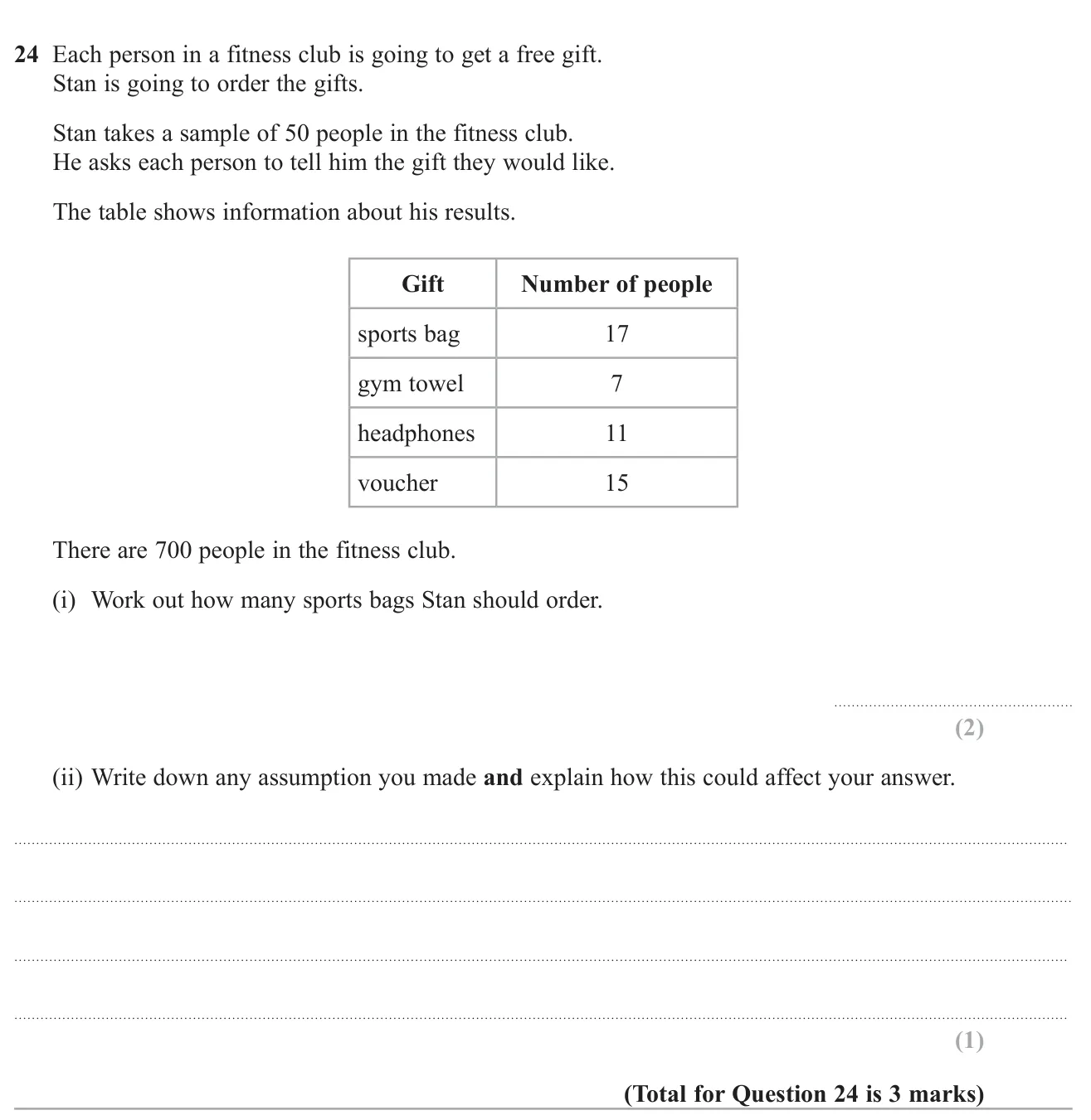 Scale up a sample result to a whole club and state an assumption made.