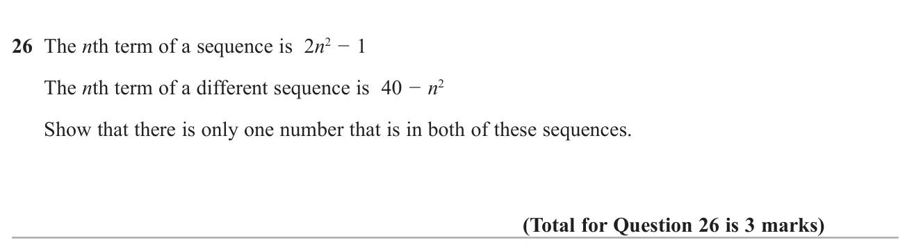 Show that exactly one number appears in both of two quadratic sequences.