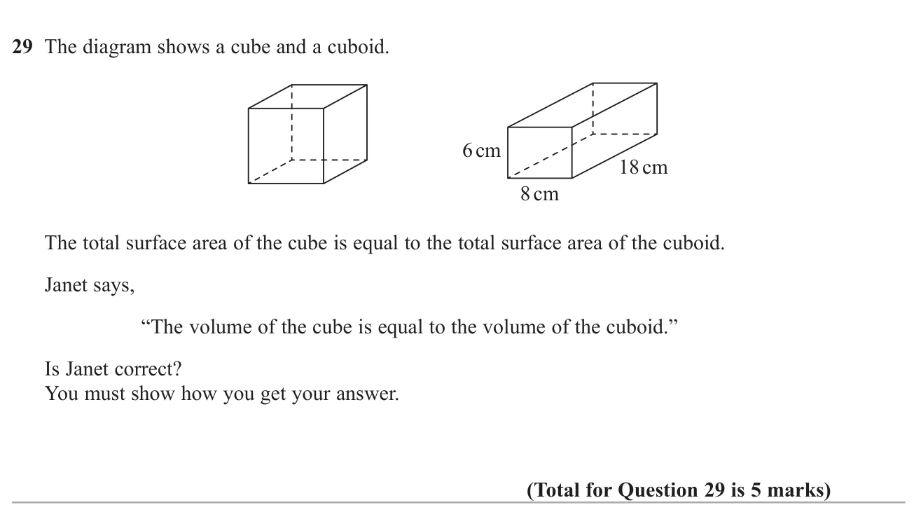 Use equal surface areas of a cube and cuboid to test whether their volumes are equal.