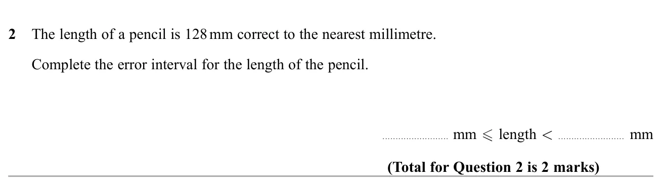 Write the error interval for a length rounded to the nearest millimetre.