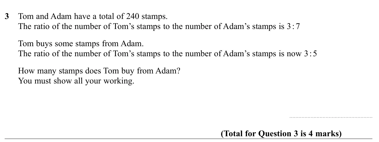 Use two ratios with the same total to find how many items changed hands.