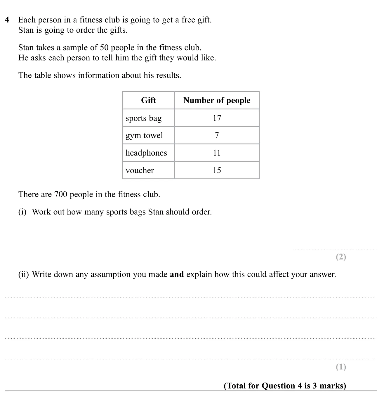 Scale up a sample result to a whole club and state an assumption made.