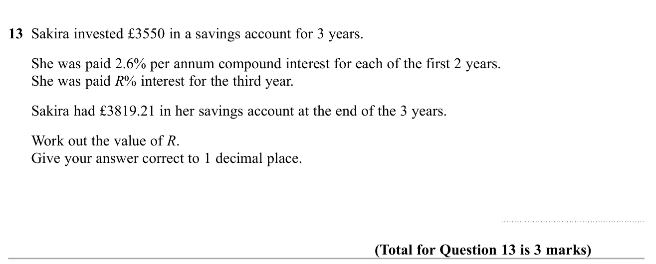Work back from a final savings balance to find an unknown interest rate for the third year.
