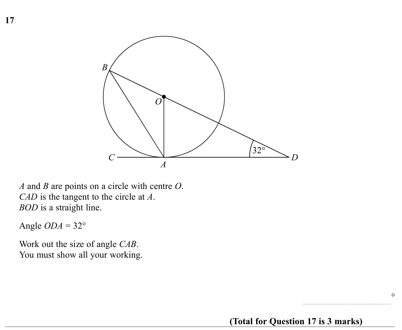 Use the tangent–radius property and an isosceles triangle to find an angle between a chord and a tangent.