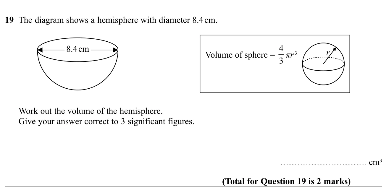 Find the volume of a hemisphere from its diameter, to 3 significant figures.