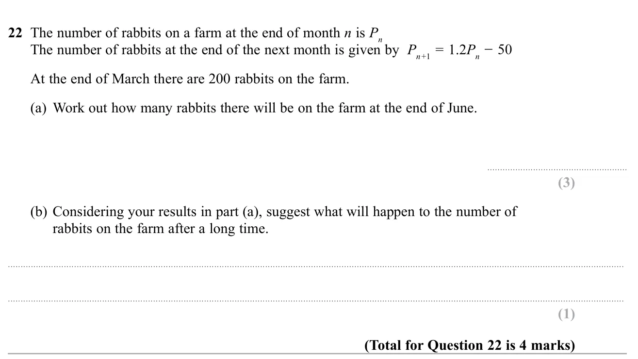 Apply a recurrence relation month by month to predict a rabbit population, then describe the long-term trend.