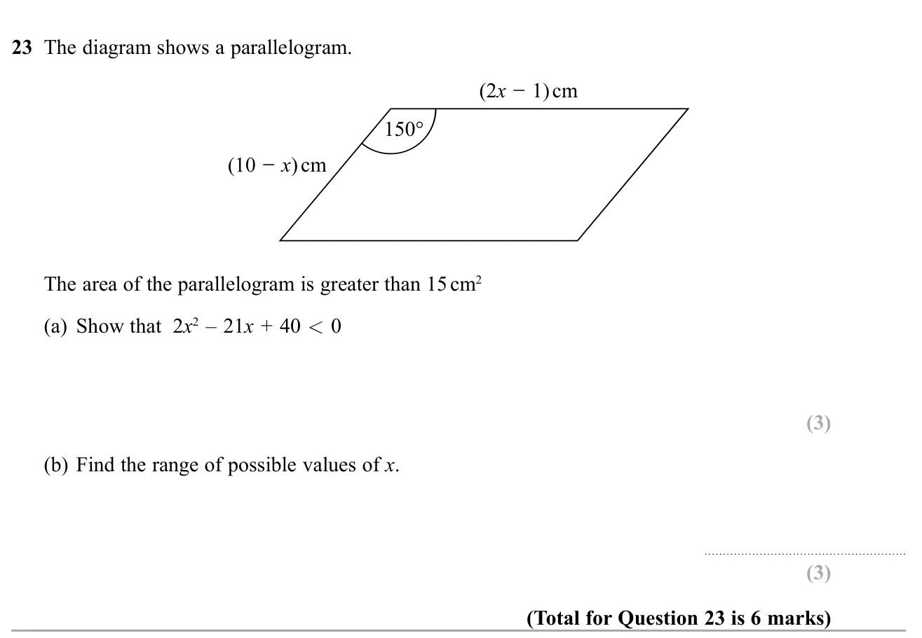 Form a quadratic inequality from the area of a parallelogram using ½ab sin C, then solve it.