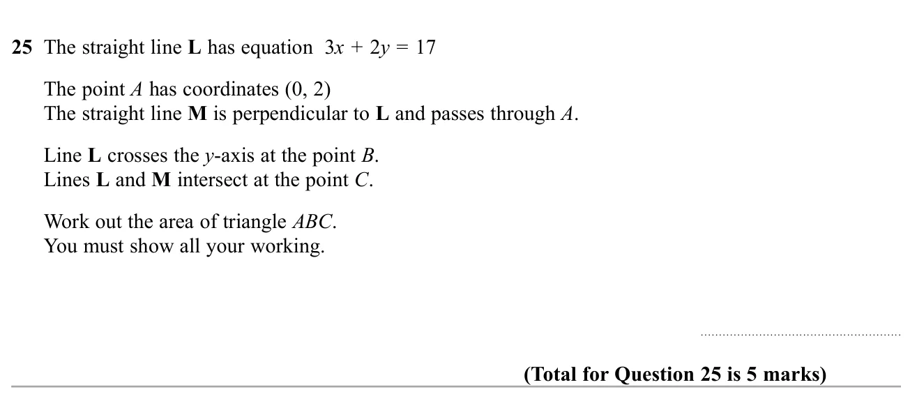 Find where a line meets its perpendicular through a given point and work out the area of the triangle formed with the y-axis.