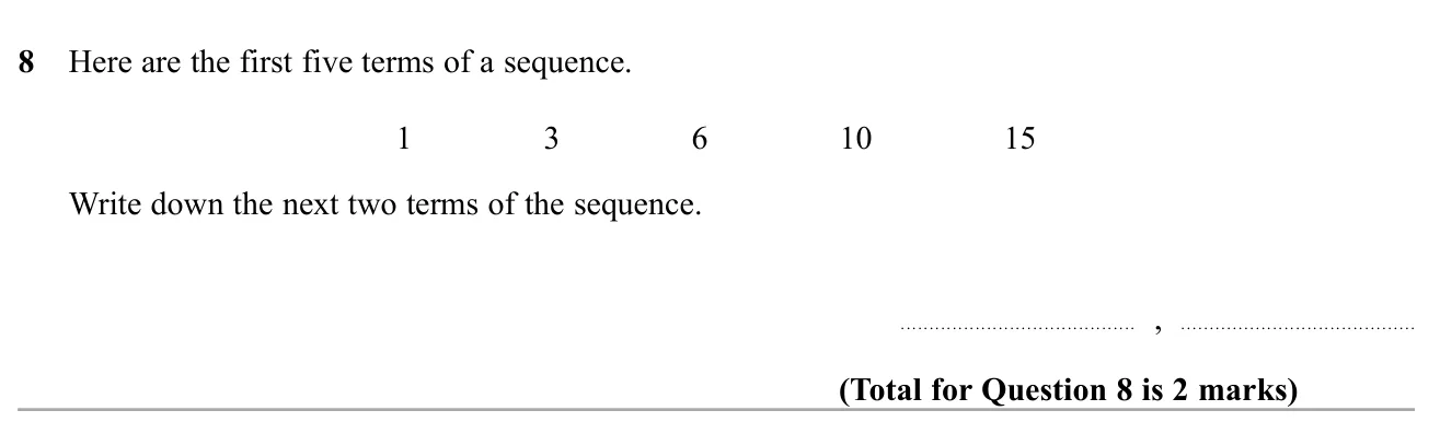 Continue the triangular number sequence by two terms.