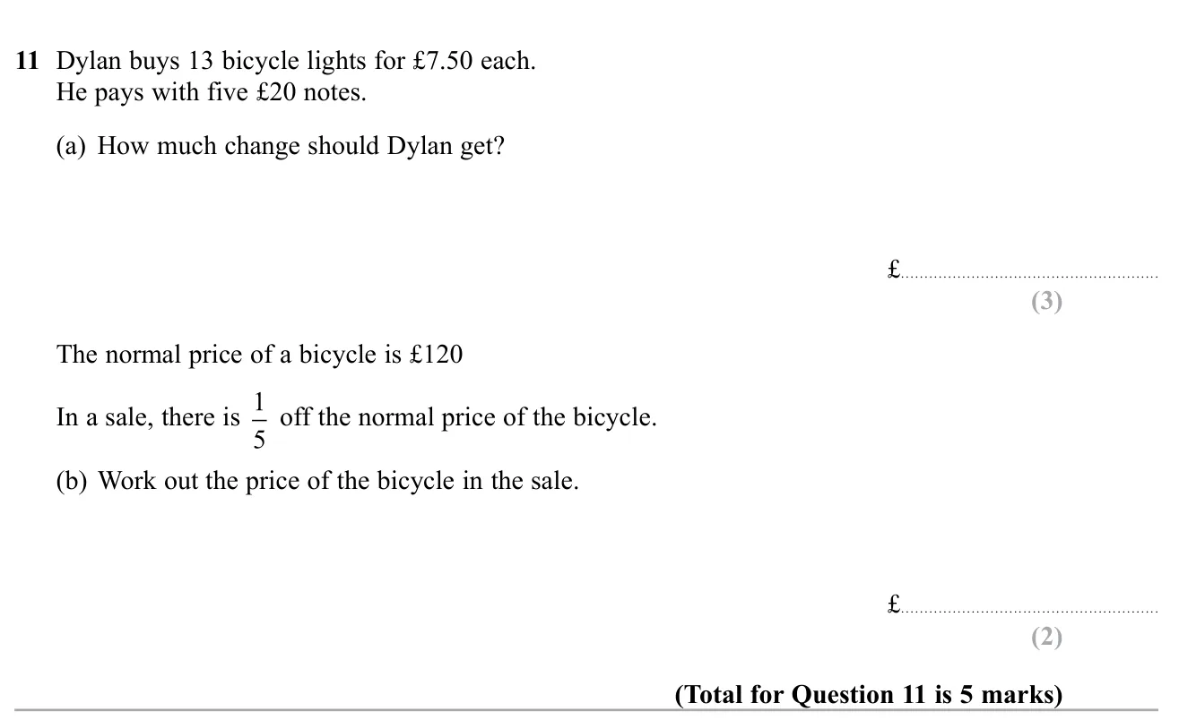 Find change from £100 after buying several items, then find a price after a fractional reduction.
