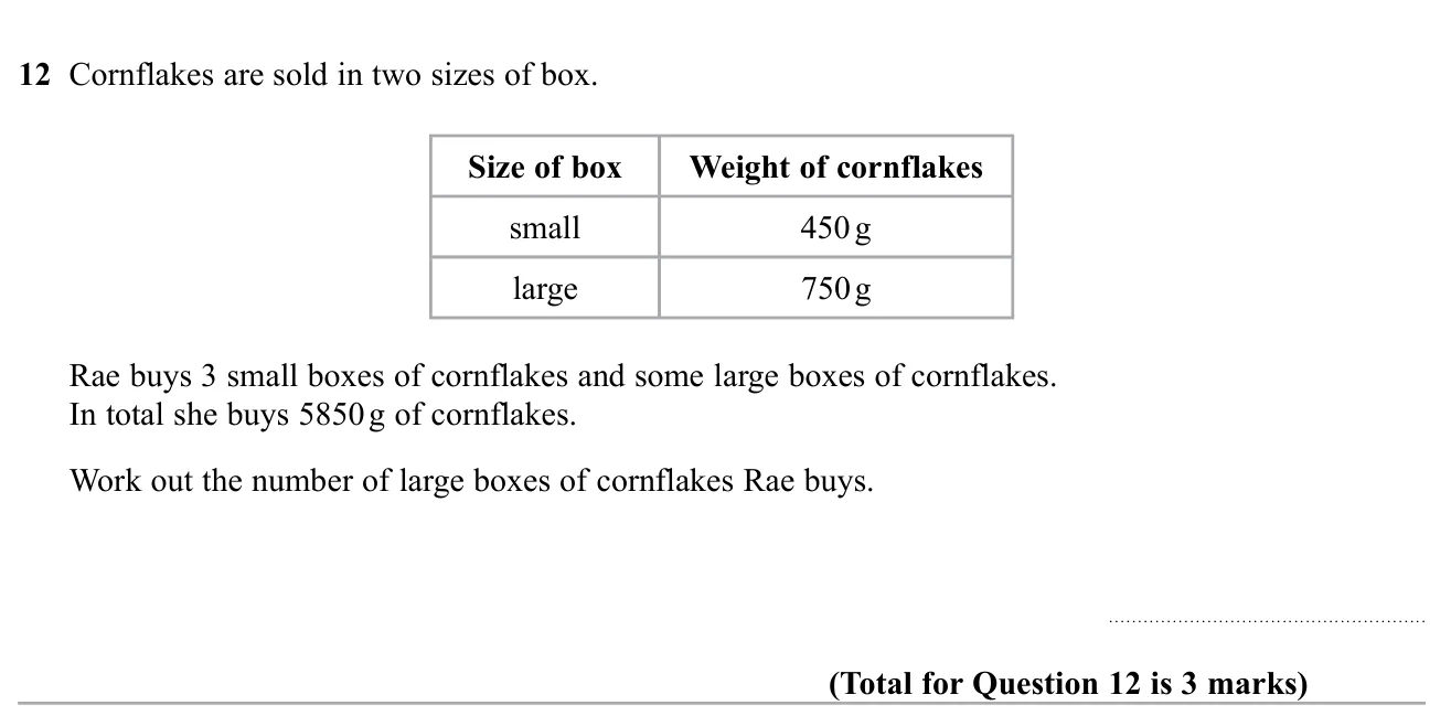 Use the total weight of cereal bought to find how many large boxes were bought.
