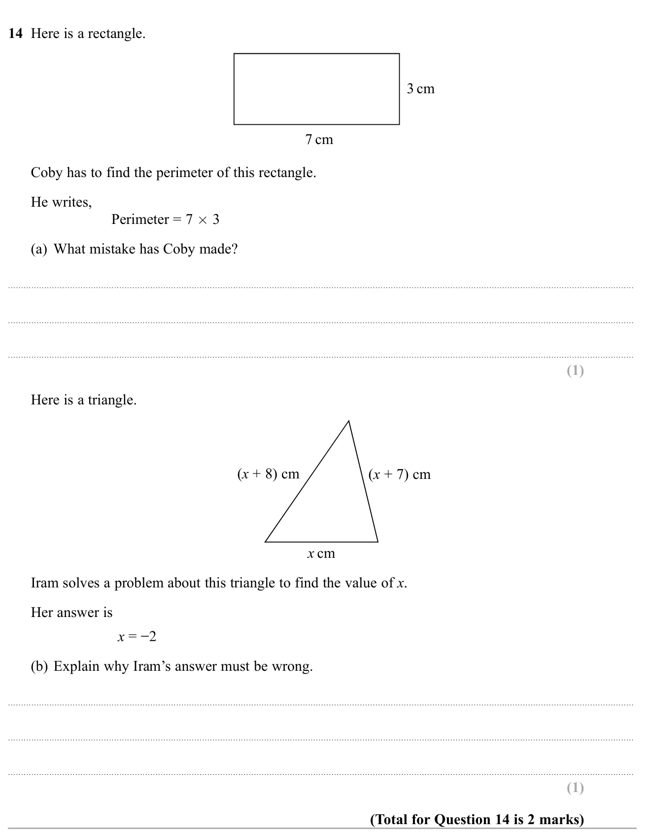 Explain the error in a perimeter calculation and why a negative side length is impossible.