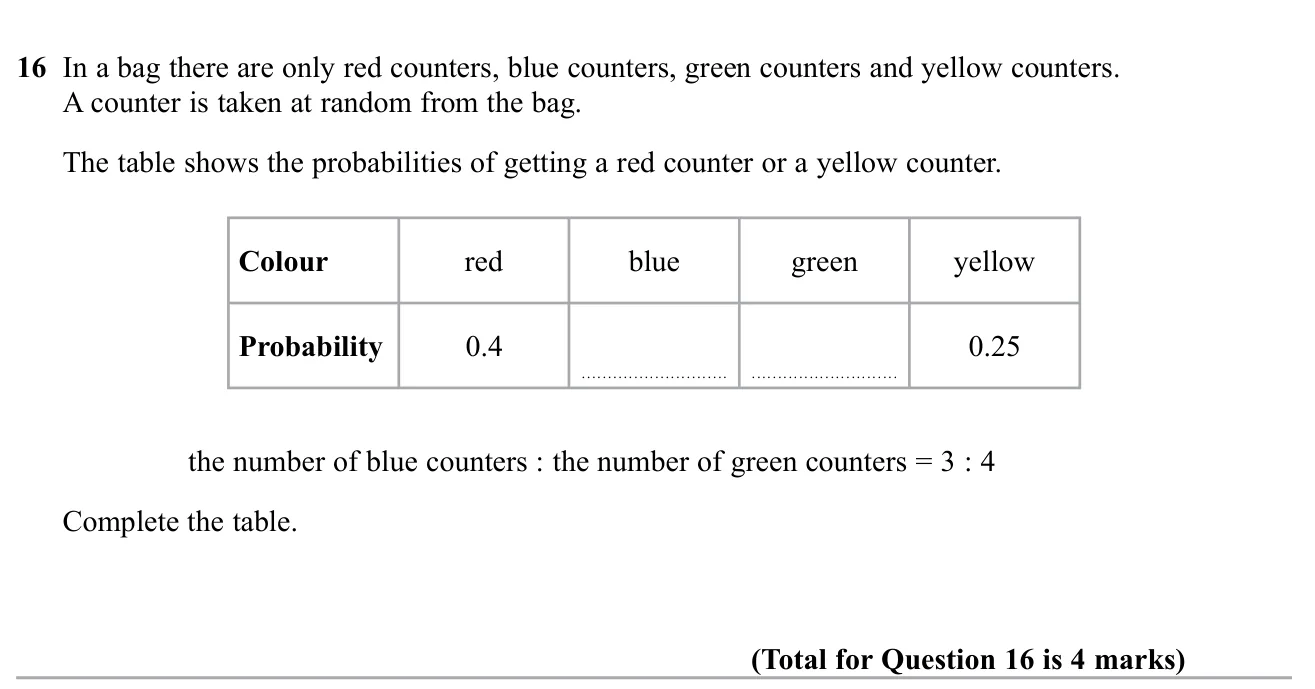 Fill in two missing probabilities that are in a given ratio.
