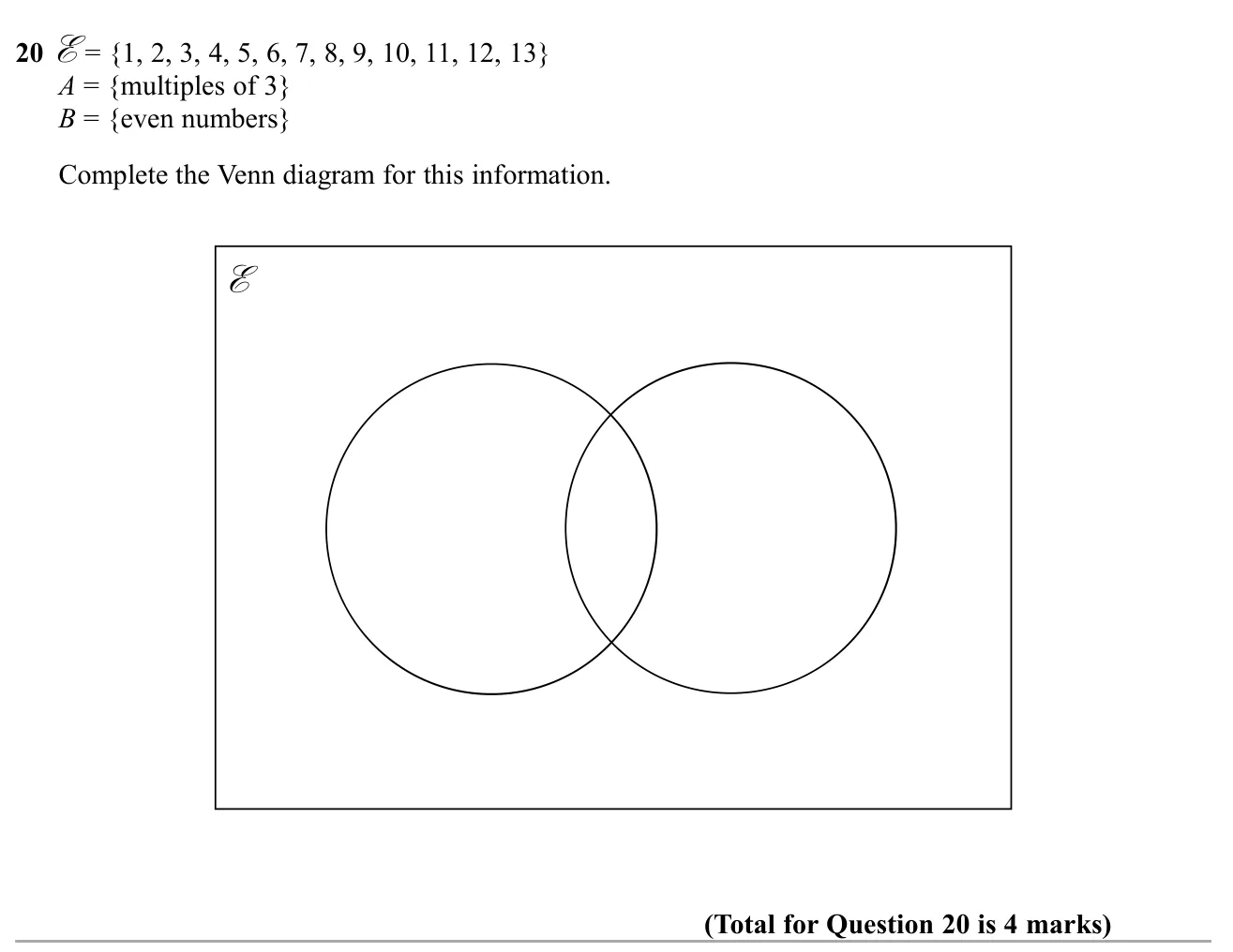 Place the numbers 1 to 13 in a two-set Venn diagram for multiples of 3 and even numbers.