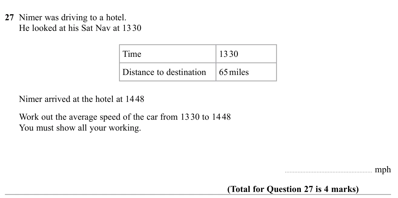 Find an average speed in mph from a distance and start and finish clock times.