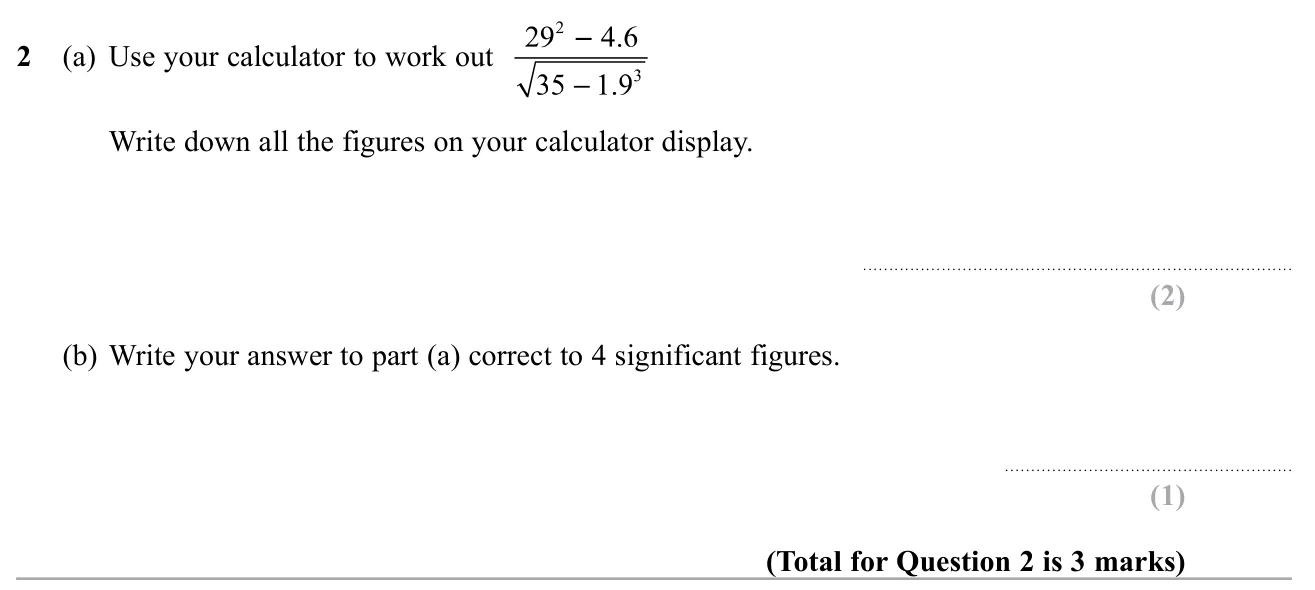 Use a calculator to evaluate a fraction with powers and a square root, then round to 4 significant figures.
