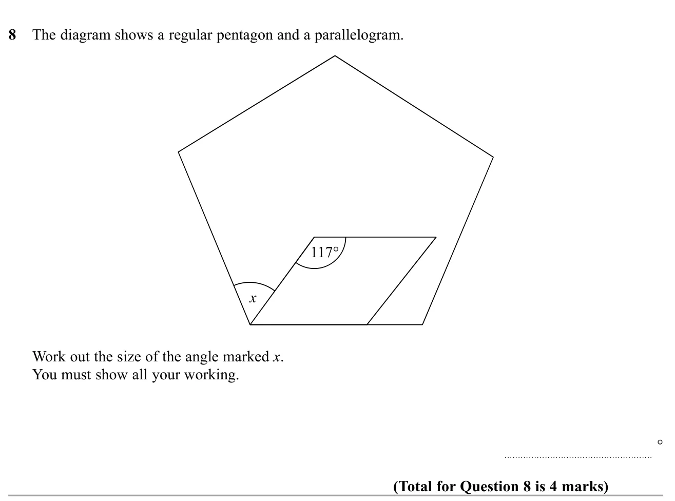 Find an angle in a diagram combining a regular pentagon and a parallelogram.
