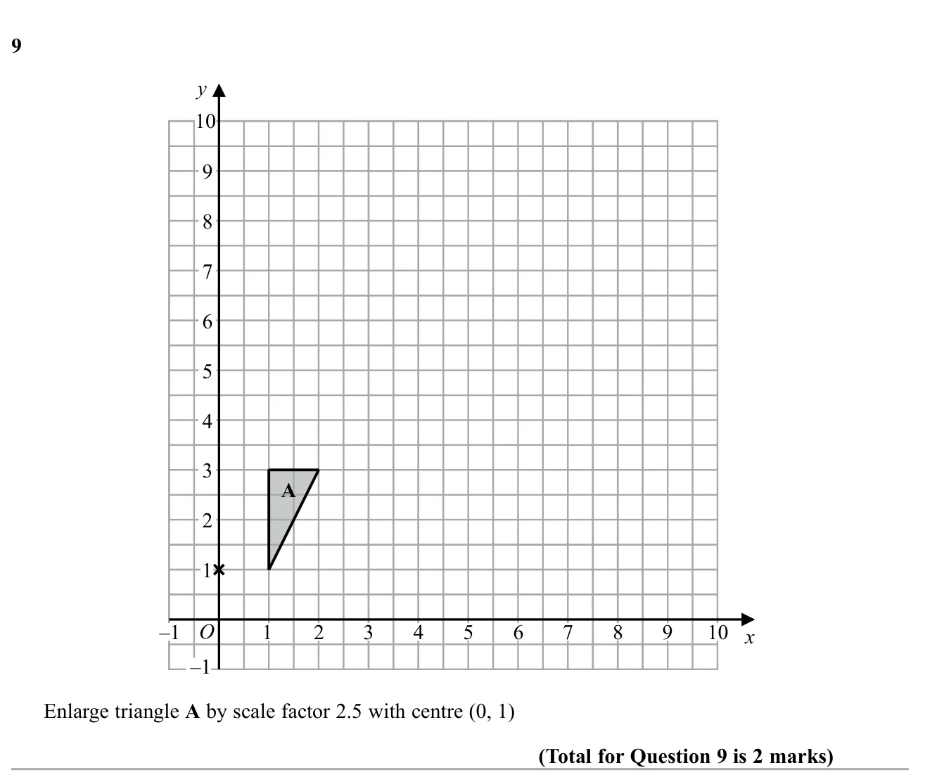 Enlarge a triangle on a grid by a scale factor of 2.5 about a given centre.