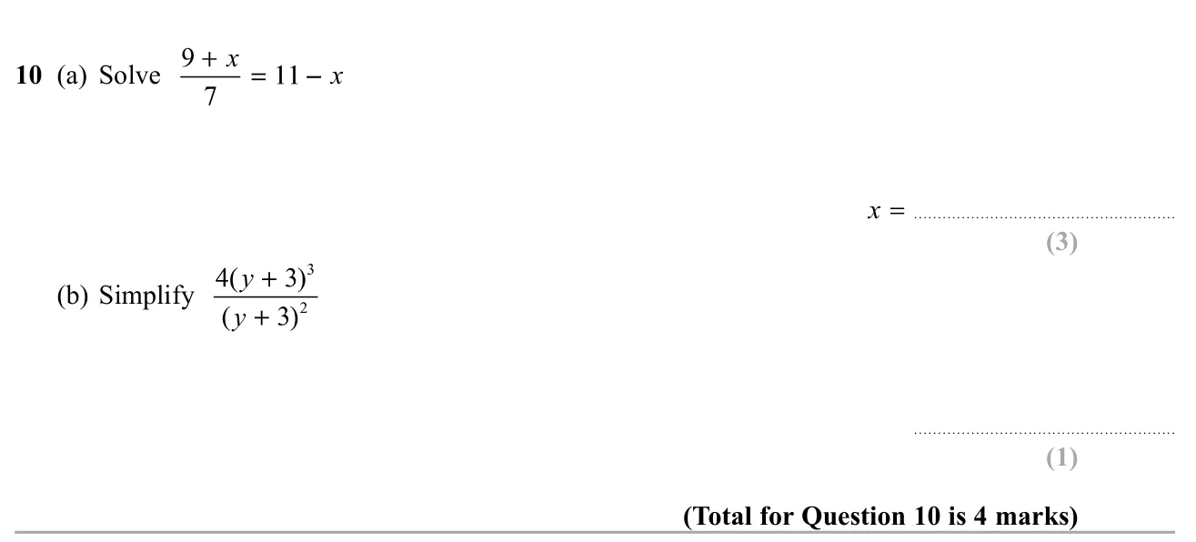 Solve a linear equation with a fraction, and simplify an algebraic fraction with a repeated bracket.