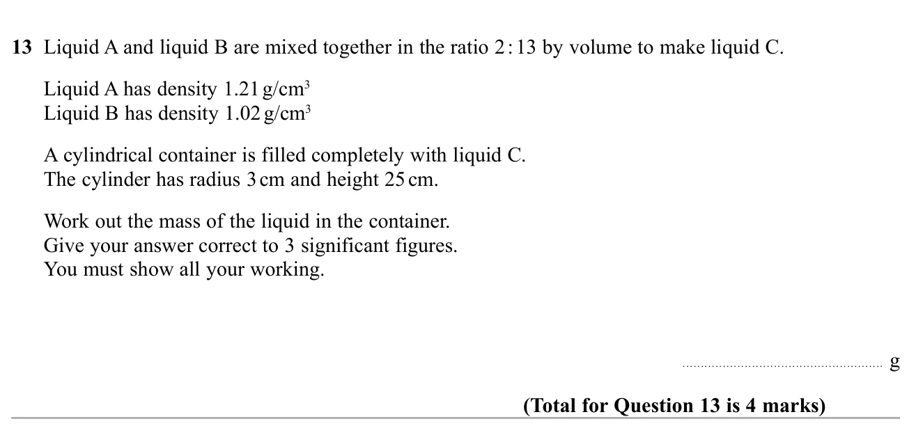 Find the mass of a cylinder filled with two liquids mixed in a ratio, using their densities.