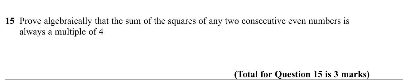 Prove with algebra that two consecutive even numbers squared and added always give a multiple of 4.
