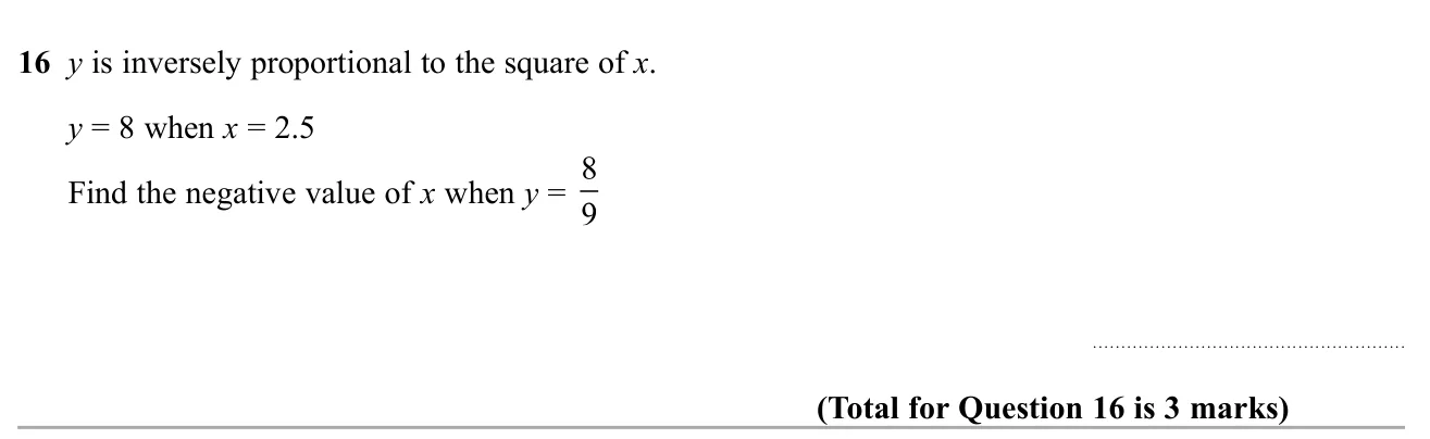 Use inverse proportion with the square to find a negative value of x.