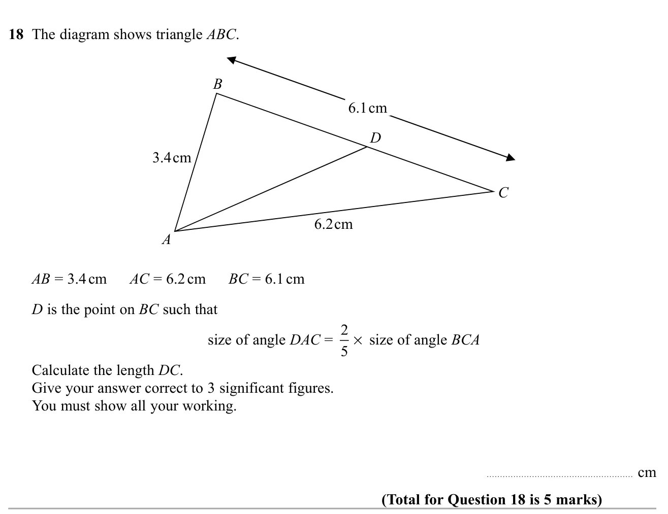 Use the cosine rule then the sine rule to find a length in a triangle split by a line from one vertex.