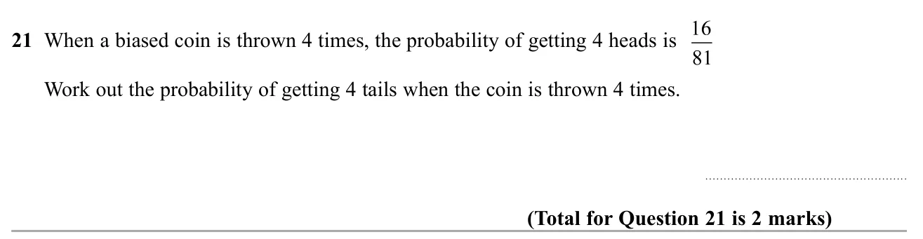 Given the probability of four heads with a biased coin, find the probability of four tails.