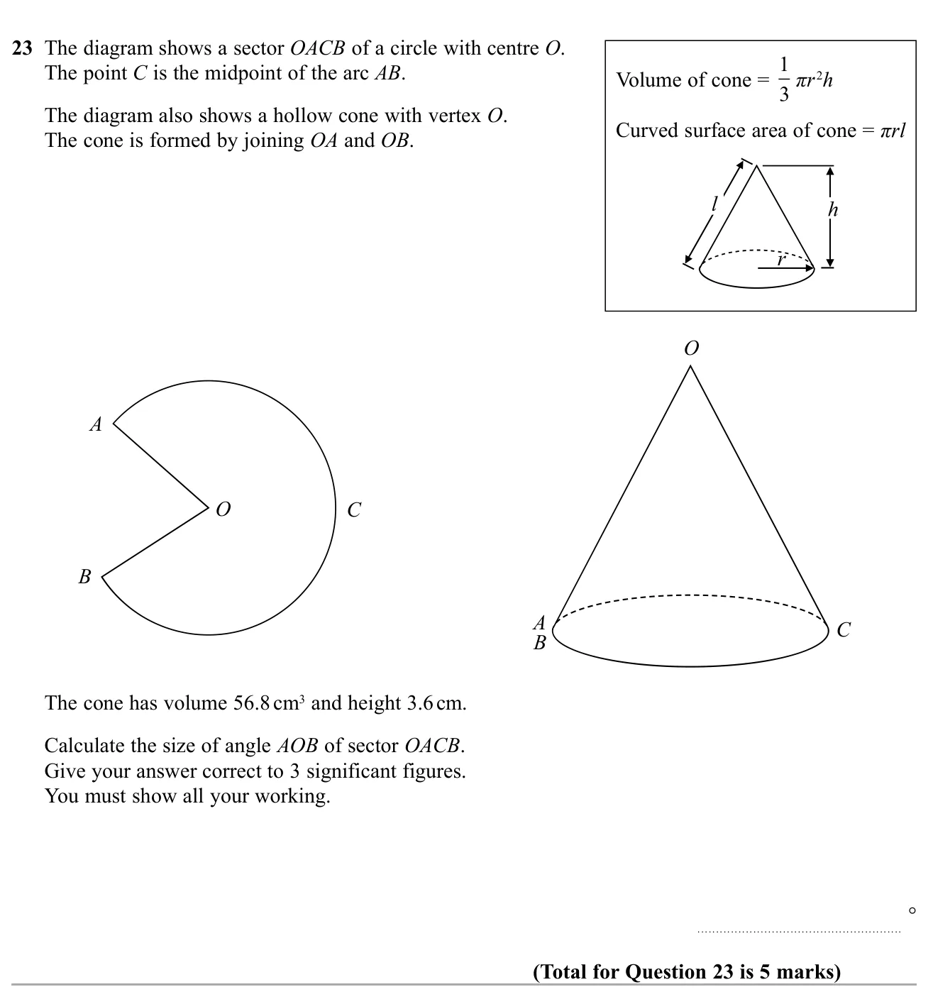 Find the reflex angle of a sector that folds into a cone of given volume and height.