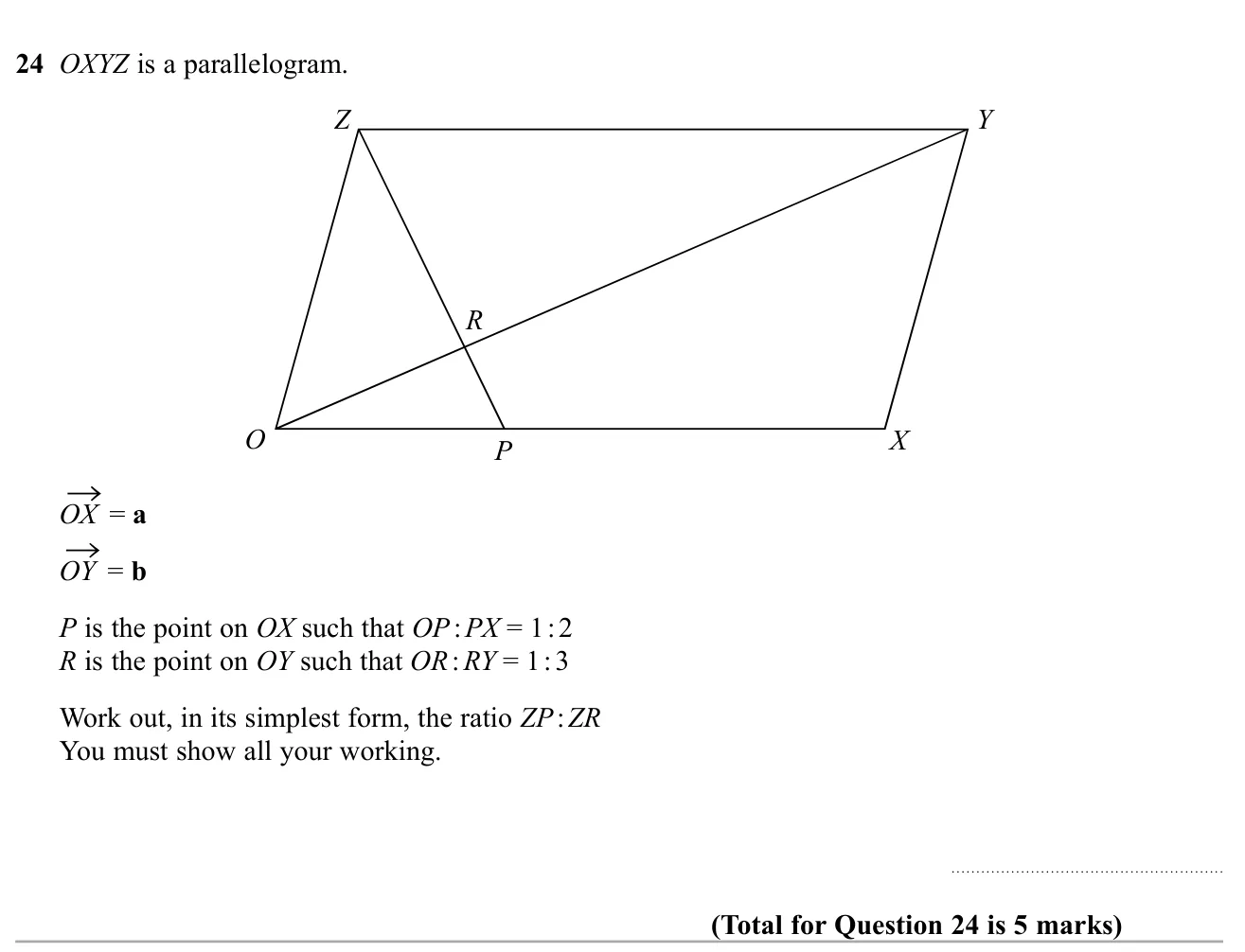 Use vectors in a parallelogram to find the ratio of two lengths from a vertex.