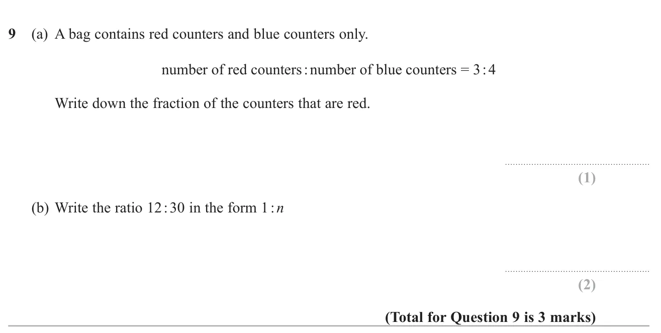 Turn a part-to-part ratio into the fraction of the total, and write a ratio in the form 1 : n.