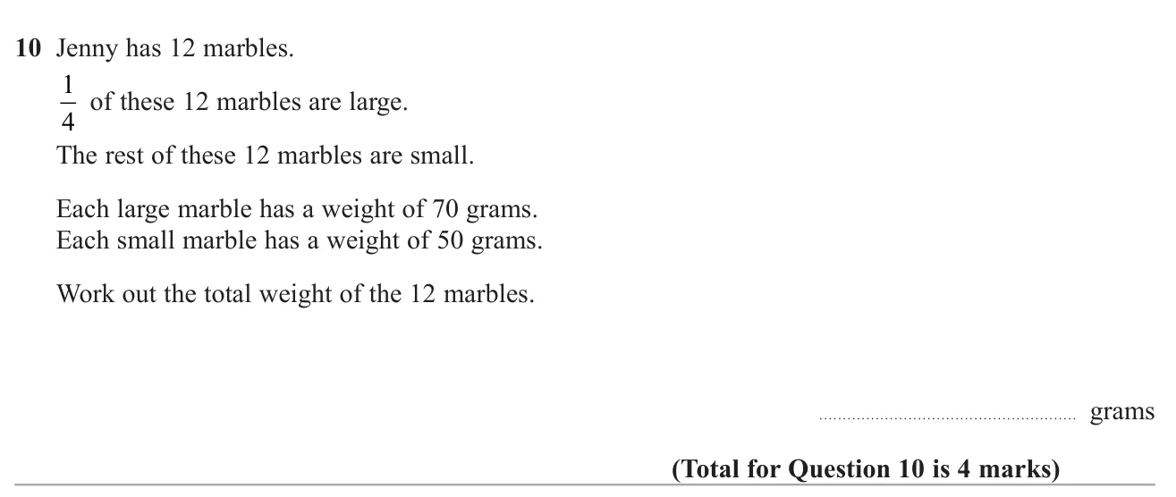 Find how many of a set of marbles are large and small, then total their weights.