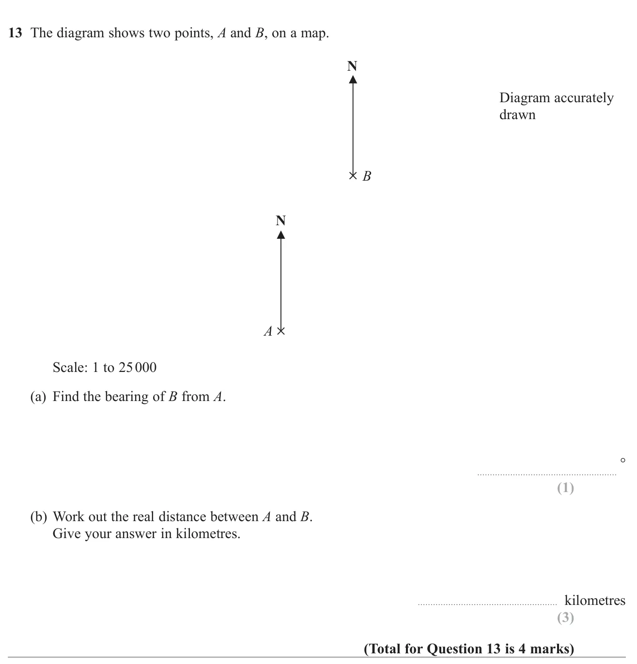 Measure a bearing between two points on an accurate map, then use a map ratio to find the real distance in kilometres.