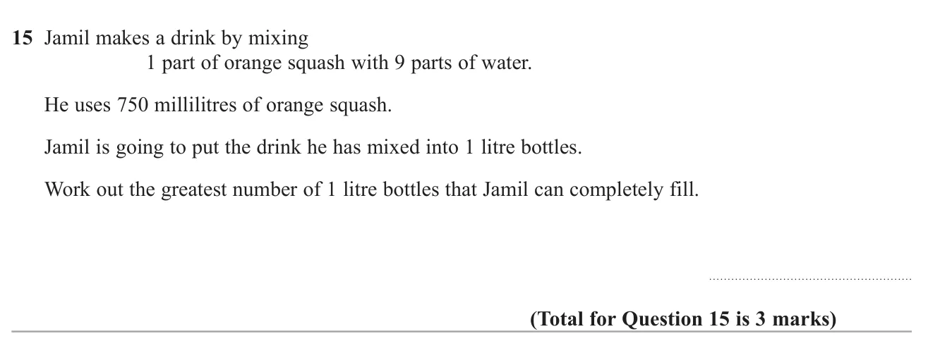Use a mixing ratio to find the total drink made and how many litre bottles it fills completely.