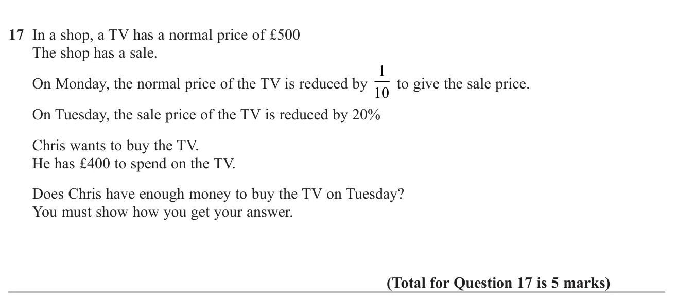 Apply a fractional reduction and then a percentage reduction to a price and compare with a budget.