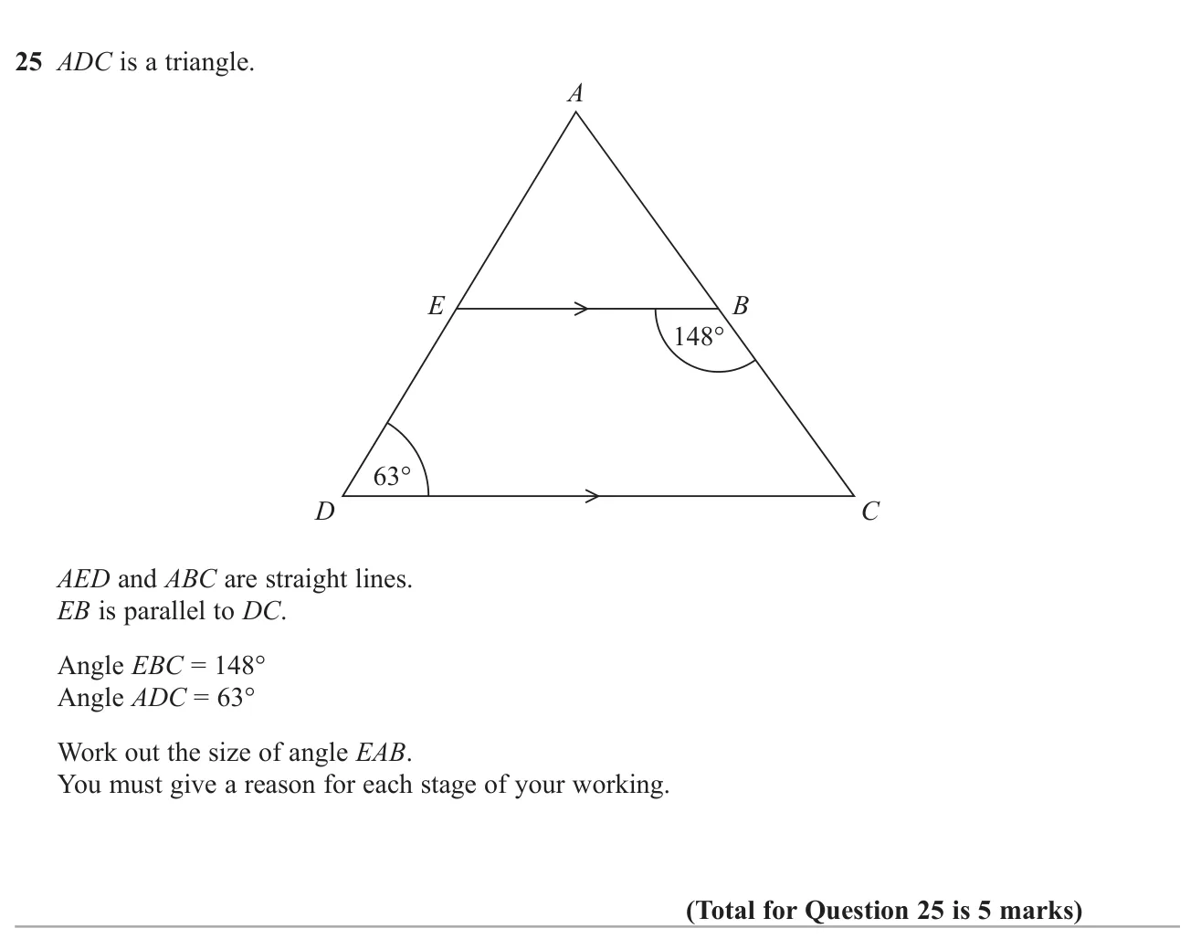 Find an angle at the top of a triangle cut by a line parallel to its base, giving reasons.