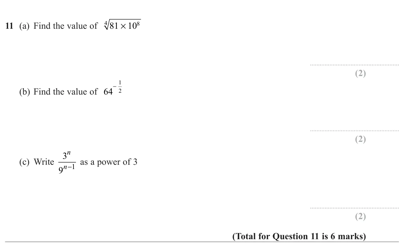Evaluate a fourth root and a negative fractional power, then write a quotient of powers as a single power of 3.