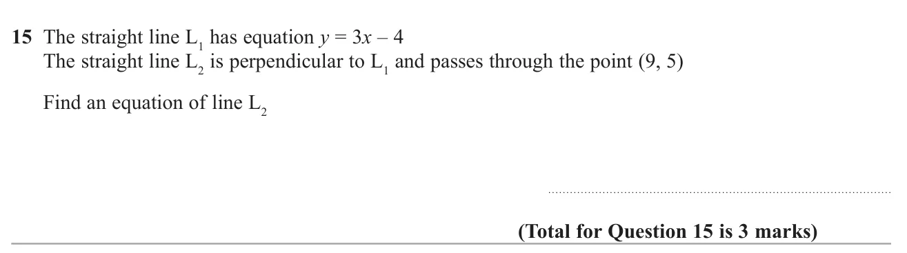 Find the equation of a line perpendicular to a given line and passing through a given point.